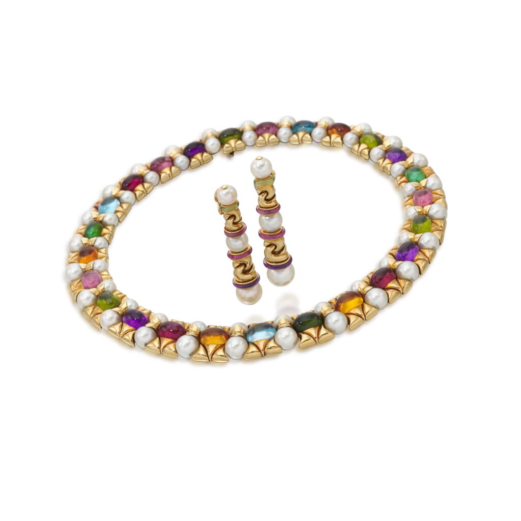 View full screen - View 1 of Lot 151. A gem set and cultured pearl necklace and a pair of ear clips | Una collana ed un paio di orecchini con gemme di colore e perle coltivate.