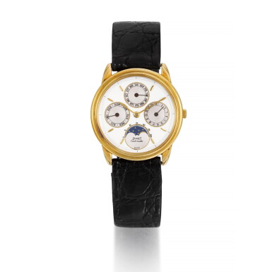 View full screen - View 1 of Lot 950. PIAGET | GOUVERNEUR, REF 15958 YELLOW GOLD TRIPLE CALENDAR WRISTWATCH WITH MOON-PHASES CIRCA 1989.