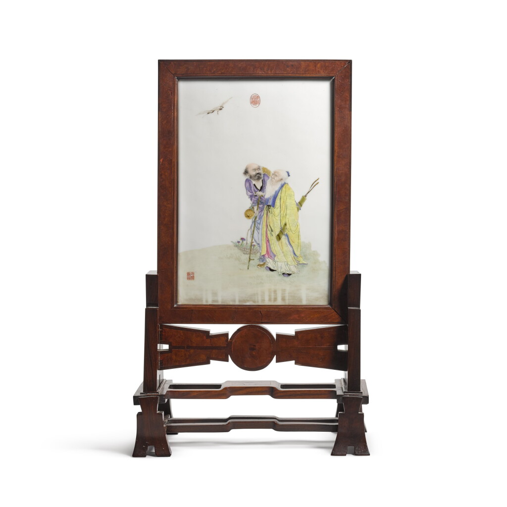 View full screen - View 1 of Lot 123. An enamelled 'immortals' porcelain plaque, 20th century | 二十世紀 二仙傳道圖瓷板桌屏.