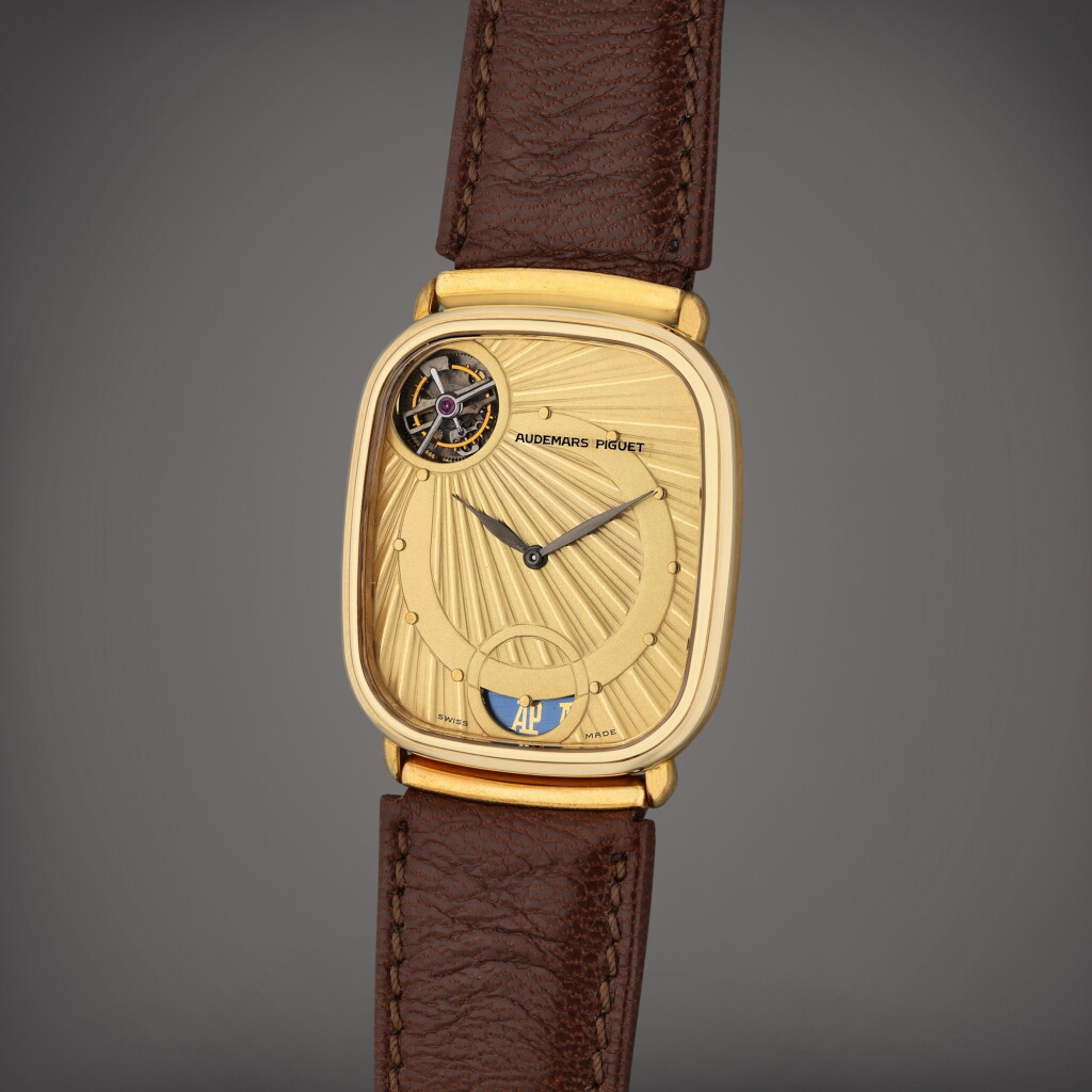 View full screen - View 1 of Lot 282. Reference 25643 La Montre Automatique | A yellow gold automatic cushion shaped tourbillon wristwatch, Circa 1986.
