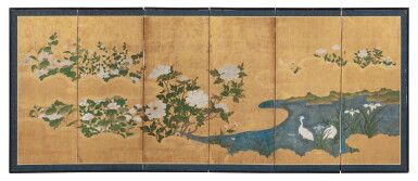 View full screen - View 1 of Lot 220. A six-panel 'egret and flower' screen Japan, Rimpa school, Edo period | 日本 江戶時代 琳派描金花鳥紋六扇圍屏.