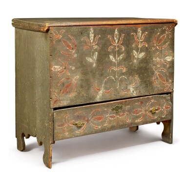 View full screen - View 1 of Lot 1606. VERY RARE WILLIAM AND MARY PAINT-DECORATED PINE CHEST WITH DRAWER, MILFORD, CONNECTICUT, CIRCA 1730.