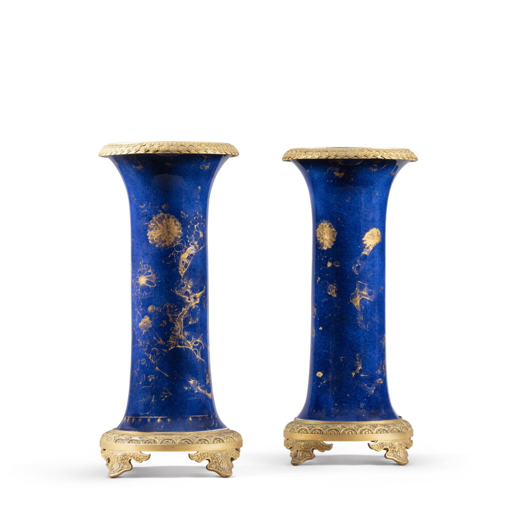 View full screen - View 1 of Lot 115. A pair of Louis-Philippe gilt-bronze mounted bleu poudré Chinese porcelain cornet shaped vases, the porcelain Qing Dynasty, probably Qianlong (1736-1795), the mounts circa 1840 | Paire de vases cornet en porcelaine de Chine bleu poudré, dynastie Qing, probablement d'époque Qianlong (1736-1795) et bronze doré d'époque Louis-Philippe, vers 1840.