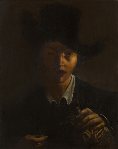 View full screen - View 1 of Lot 149. A young boy with a hat holding a wine glass and bottle.