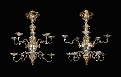 View full screen - View 1 of Lot 13. A magnificent pair of Sicilian ten-light silver and gilt bronze chandeliers, assay master Nunzio Gino, Palermo, 1758.