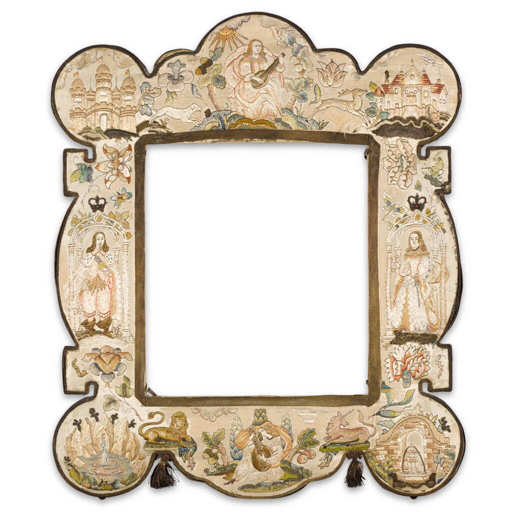 View full screen - View 1 of Lot 31. A silk embroidered shaped mirror frame, English, Charles II, third quarter 17th century.