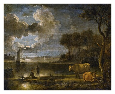 View full screen - View 1 of Lot 5. FOLLOWER OF AERT VAN DER NEER | MOONLIT RIVER LANDSCAPE WITH BOATS, FISHERMAN AND COWS.