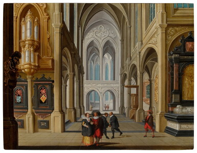 View full screen - View 1 of Lot 1. The interior of a Gothic church with elegant figures, an organ, and a tomb.
