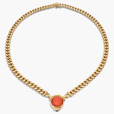 View full screen - View 1 of Lot 770. Gold, Coral Cameo and Sapphire Necklace.