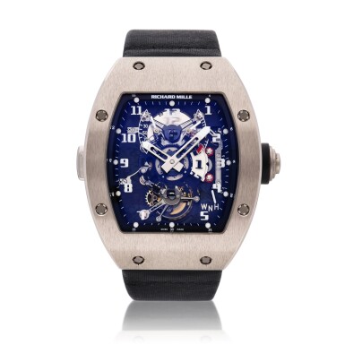 View full screen - View 1 of Lot 28. Reference RM003 AF WG | A white gold skeletonized dual time tourbillon wristwatch, Circa 2005 | Richard Mille RM003 AF WG | 型號白金鏤空兩地時間陀飛輪腕錶,約2005年製.