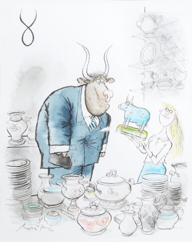 View full screen - View 1 of Lot 158. Ronald Searle | "Taurus", pen, ink and watercolour drawing, framed and glazed.