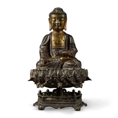 View full screen - View 1 of Lot 272. A parcel-gilt bronze seated figure of Buddha, Late Ming dynasty | 明末 銅局部鎏金佛坐像.