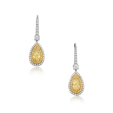 View full screen - View 1 of Lot 391. Pair of Fancy Intense Yellow, Colored Diamond and Diamond Pendant-Earrings.