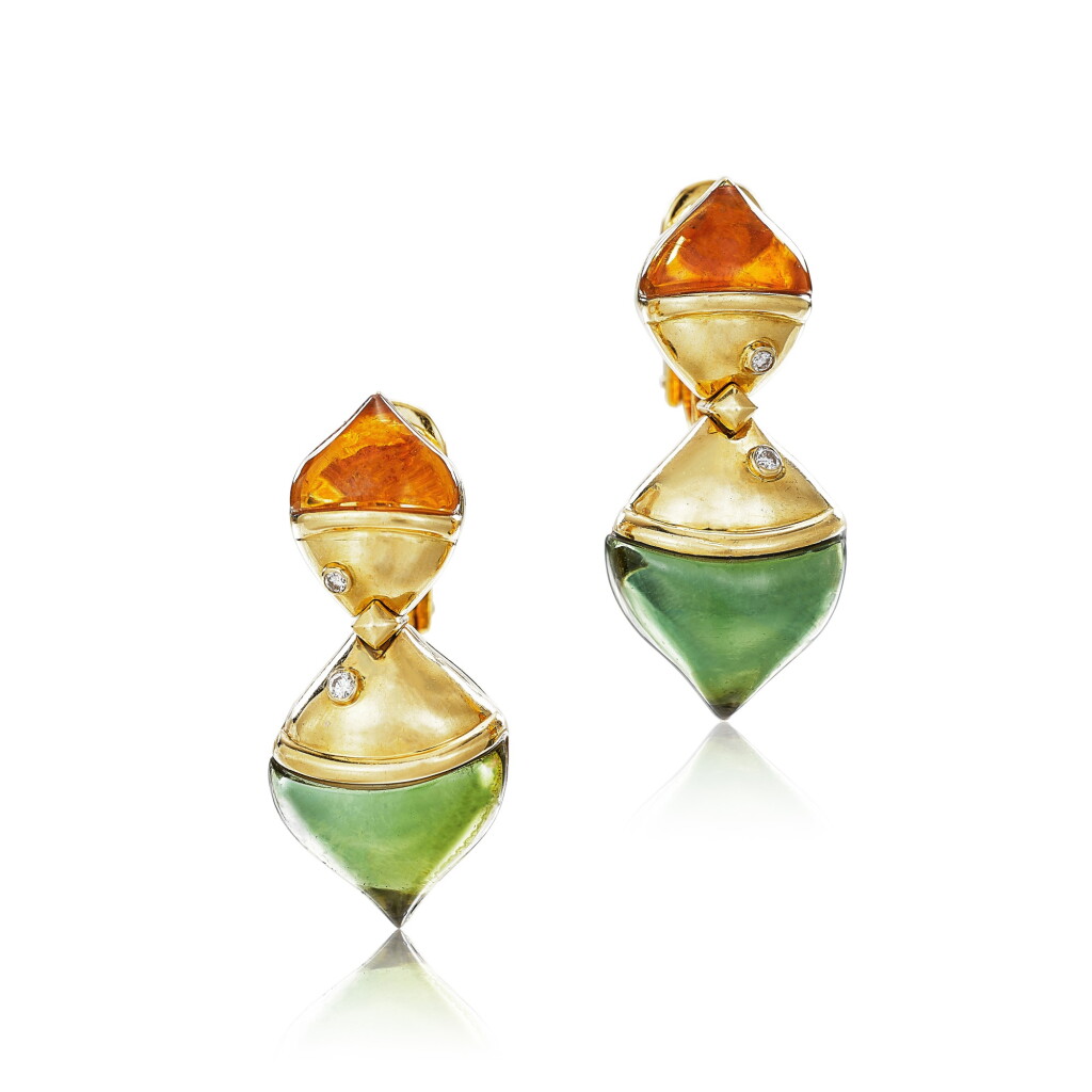 View full screen - View 1 of Lot 2745. Pair of 'Naturalia' Green Tourmaline, Citrine and Diamond Pendent Earrings | 寶格麗 | 'Naturalia' 綠色碧璽 配 黃水晶 及 鑽石 耳墜一對.