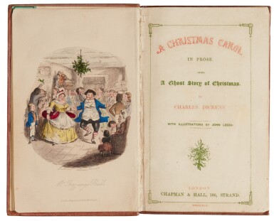 View full screen - View 1 of Lot 96. Dickens, A Christmas Carol, 1843, first edition, red and green title-page, cream endpapers, Stave One.