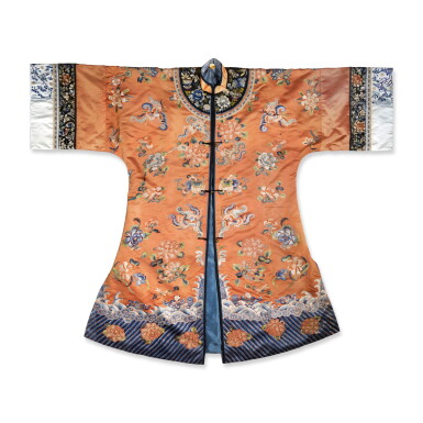 View full screen - View 1 of Lot 51. An apricot-ground silk embroidered 'flowers and butterflies' lady's robe, Early 20th century.