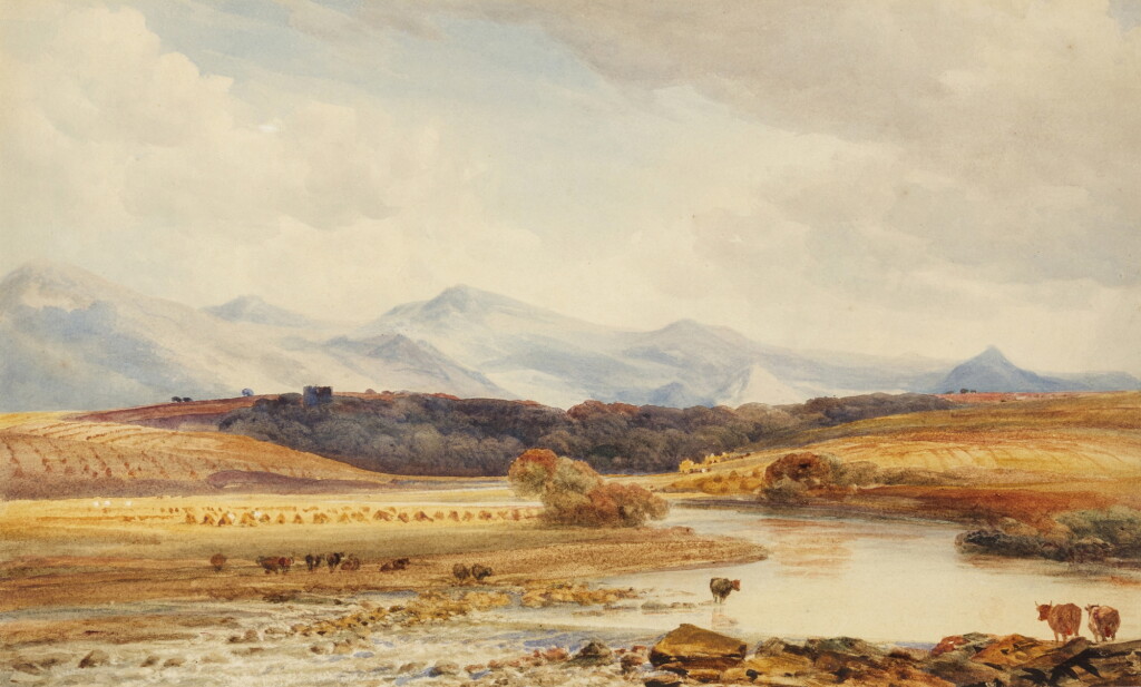 View full screen - View 1 of Lot 754. A River landscape with cattle and mountains beyond, possibly on the River Eden looking towards the Pennine escarpment, Cumberland.