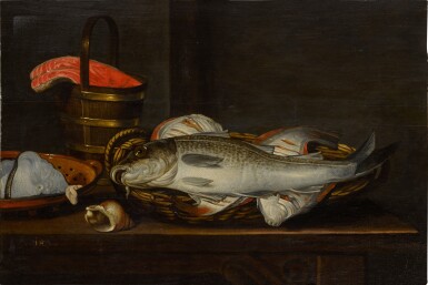 View full screen - View 1 of Lot 386. Still life of fish on a wooden table.