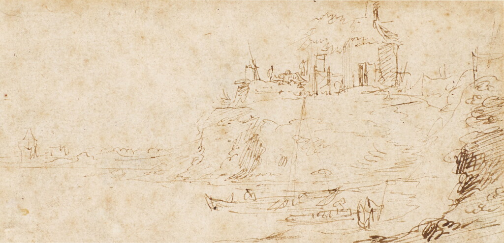 View full screen - View 1 of Lot 181. FOLLOWER OF PIETER BRUEGEL THE ELDER | A PAIR OF LANDSCAPES: A) ESTUARY VIEW WITH BOATS TIED UP BELOW PEASANT DWELLINGS; B) HARBOUR VIEW WITH A CASTLE ON A ROCKY OUTCROP.