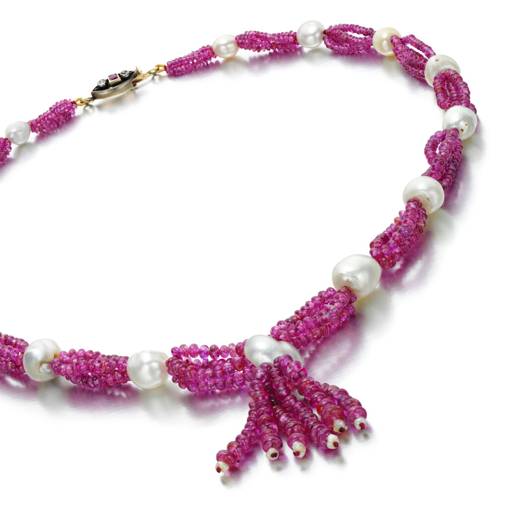 View full screen - View 1 of Lot 9. NATURAL PEARL, RUBY AND PINK SAPPHIRE NECKLACE.