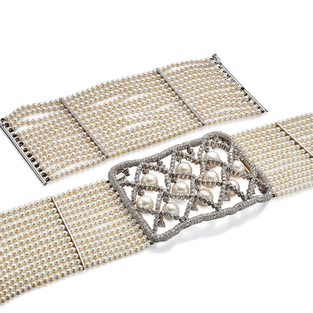 View full screen - View 1 of Lot 532. Cultured Pearl and Diamond Choker Necklace and Bracelet | 養殖珍珠 配 鑽石 項鏈 及 手鏈.