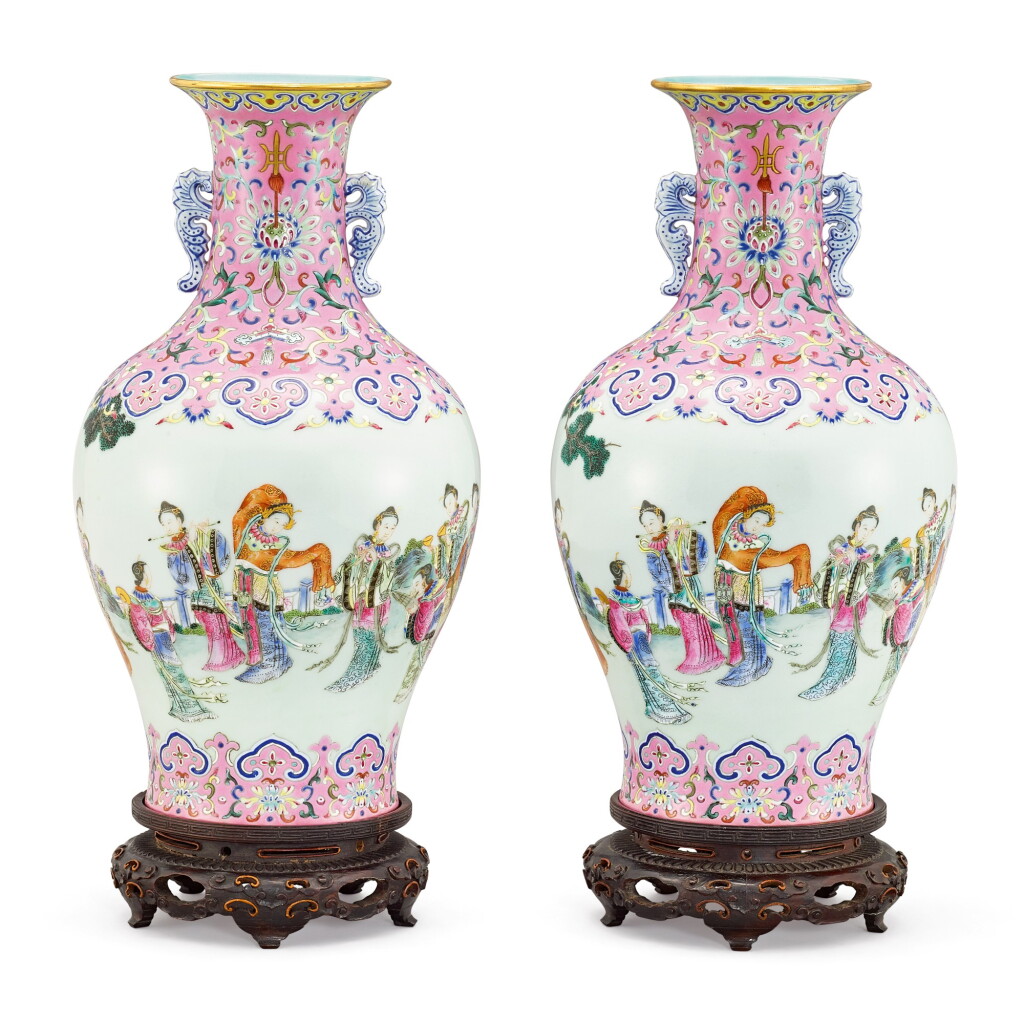 View full screen - View 1 of Lot 104. A RARE AND SUPERB PAIR OF PINK-GROUND FAMILLE-ROSE 'TWELVE BEAUTIES' VASES SEAL MARKS AND PERIOD OF DAOGUANG | 清道光 宮粉地粉彩十二金釵雙耳瓶一對 《大清道光年製》款.