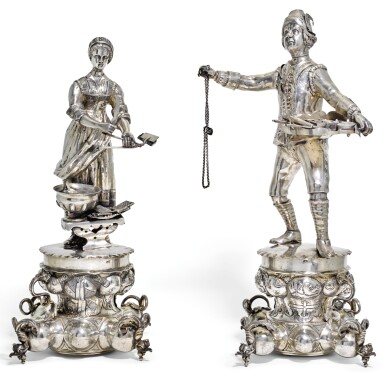 View full screen - View 1 of Lot 21. A PAIR OF GERMAN SILVER FIGURAL FLASKS CUM BEAKERS, PSEUDO MARKS, POSSIBLY J.D. SCHLEISSNER & SOHNE, HANAU, CIRCA 1890.