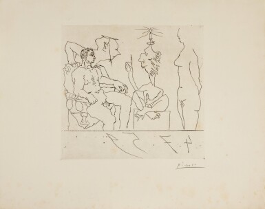 View full screen - View 1 of Lot 148. PABLO PICASSO | PHILOSOPHE DISCOURANT DEVANT UN NOTABLE, AVEC FEMME NUE À DROITE (B. 875; BA. 1059).