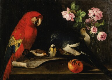 View full screen - View 1 of Lot 35. FRENCH SCHOOL, IN THE MANNER OF THE 18TH CENTURY | STILL-LIFE WITH A PARROT AND A VASE WITH ROSES.