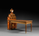 Bureau plat, son cartonnier et sa pendule de cartonnier en placage de bois de rose et amarante et bronze doré de la fin de l’époque Louis XV, vers 1766-1770, estampille de Philippe-Claude Montigny