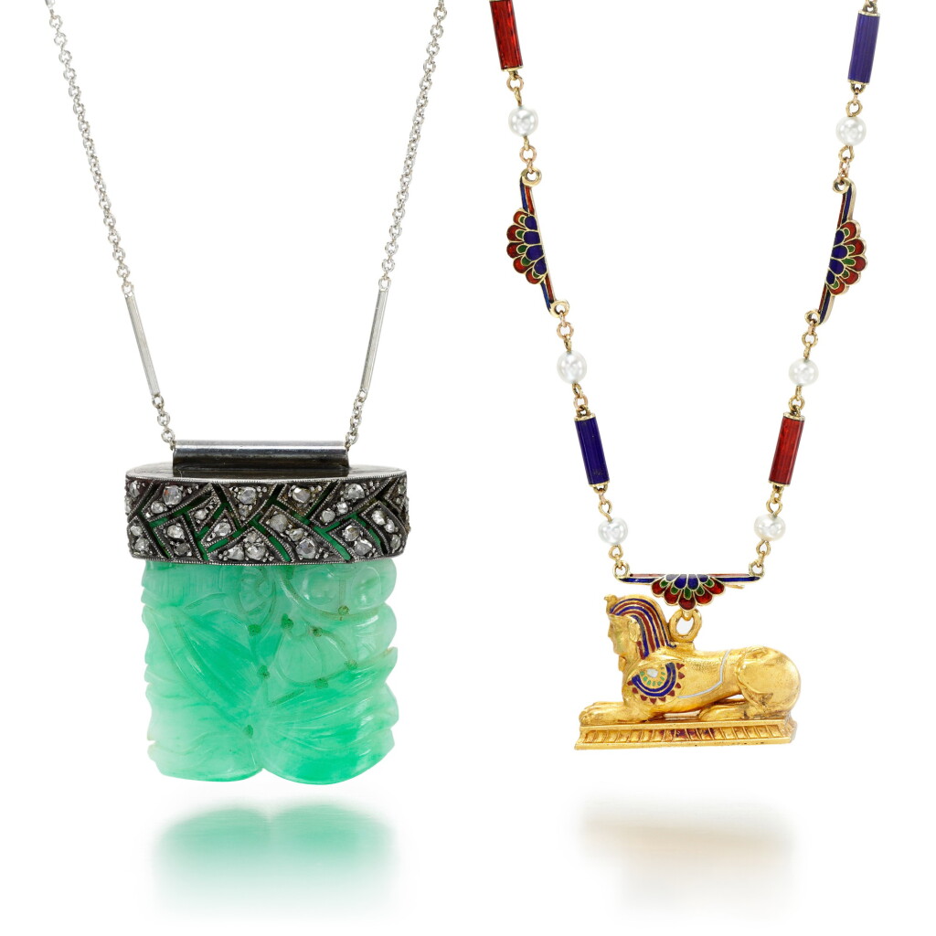 View full screen - View 1 of Lot 56. JADEITE AND DIAMOND PENDANT NECKLACE AND AN ENAMEL AND SEED PEARL NECKLACE.