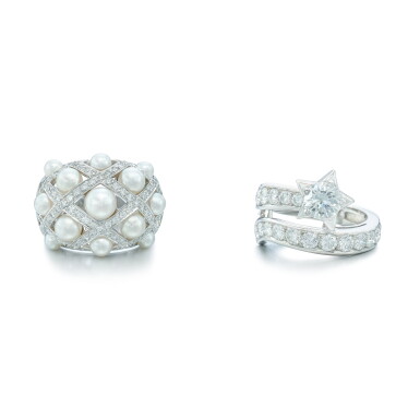 View full screen - View 1 of Lot 1864. Cultured Pearl and Diamond Ring; and Diamond Ring | 香奈兒 | 養殖珍珠 配 鑽石 戒指;及 鑽石 戒指.