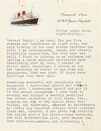 View full screen - View 1 of Lot 6. Sylva Plath | Typed letter signed, to Ted Hughes, "something wonderful and incredible has happened", 1 October 1956.