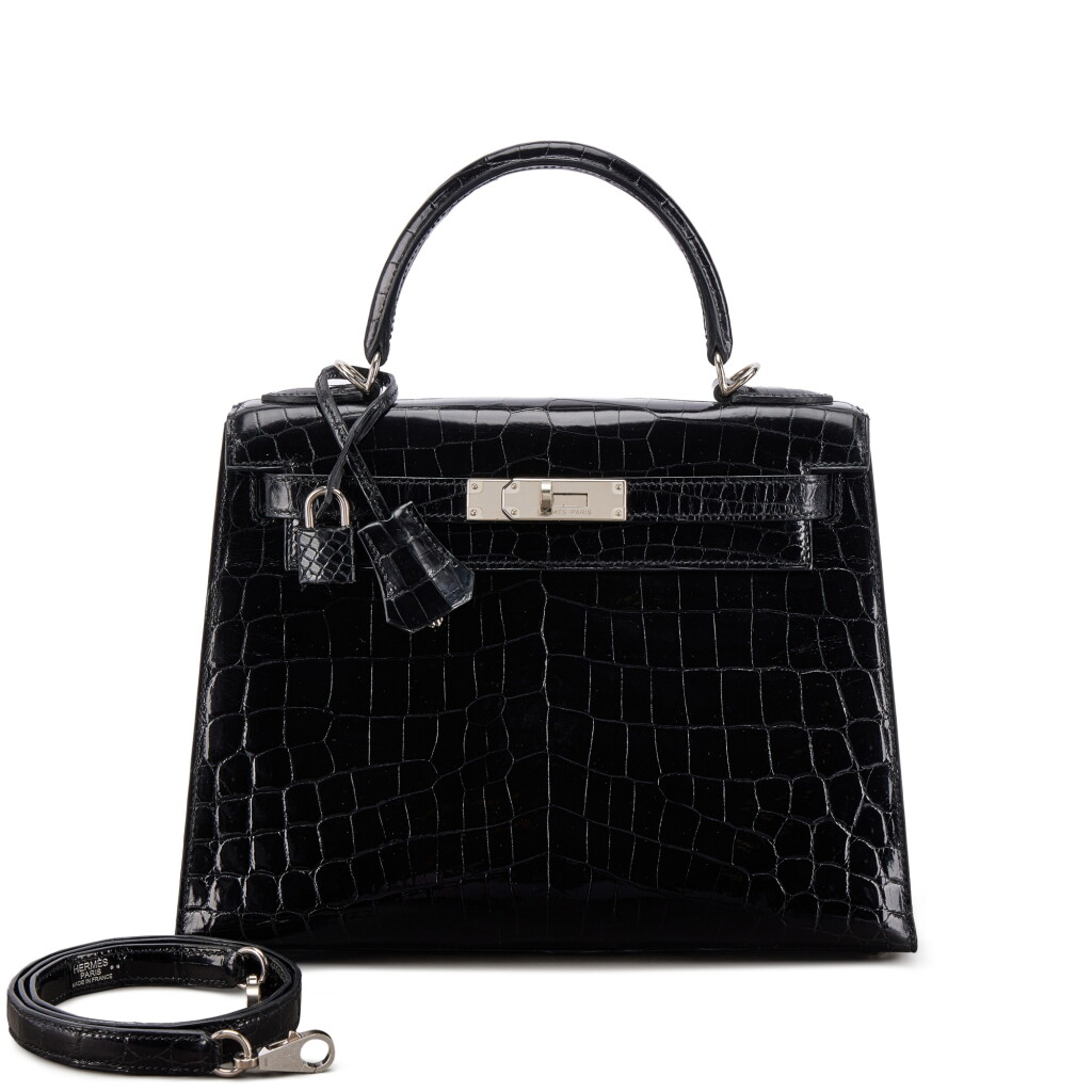 View full screen - View 1 of Lot 631. Black Shiny Niloticus Crocodile Kelly 28 Sellier Palladium Hardware, 2013.