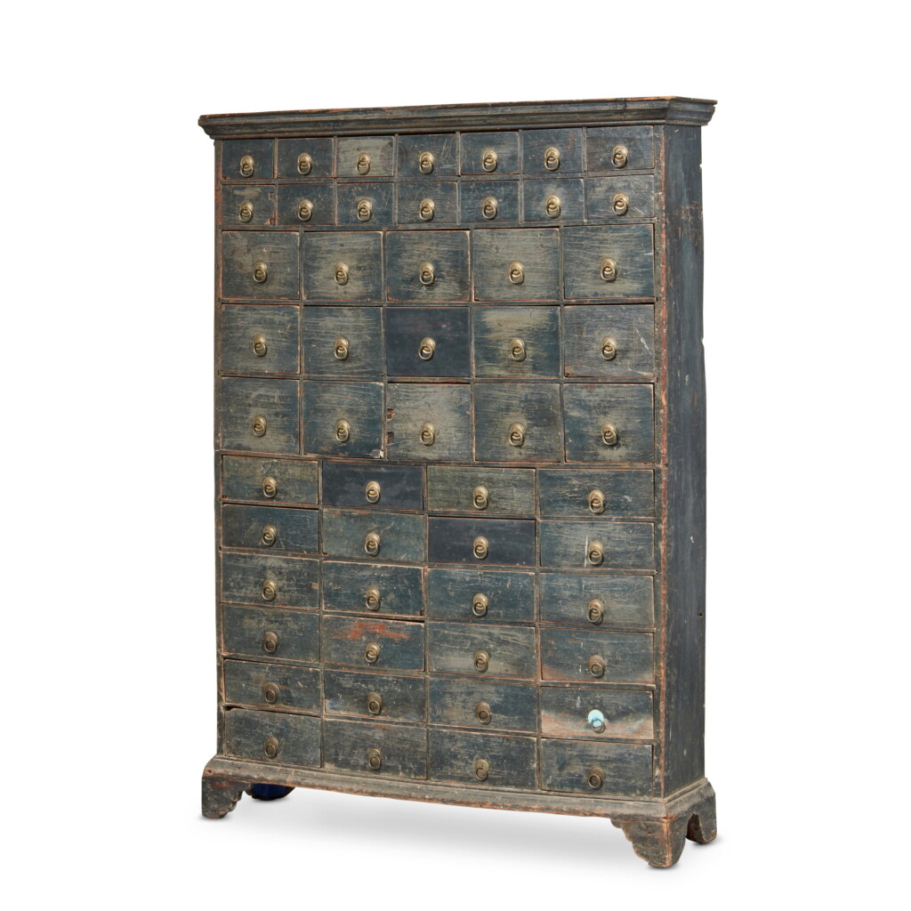 View full screen - View 1 of Lot 632. Rare Chippendale Blue-Painted Pine Apothecary Chest, New England, Early 19th Century.