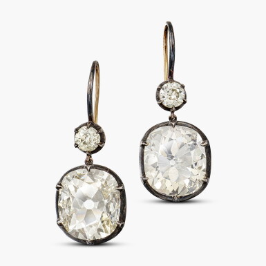 View full screen - View 1 of Lot 1636. Pair of Fancy Light Brownish Yellow Diamond Pendant Earrings | 6.48 及 5.11克拉 淡彩棕黃色鑽石 耳墜一對.
