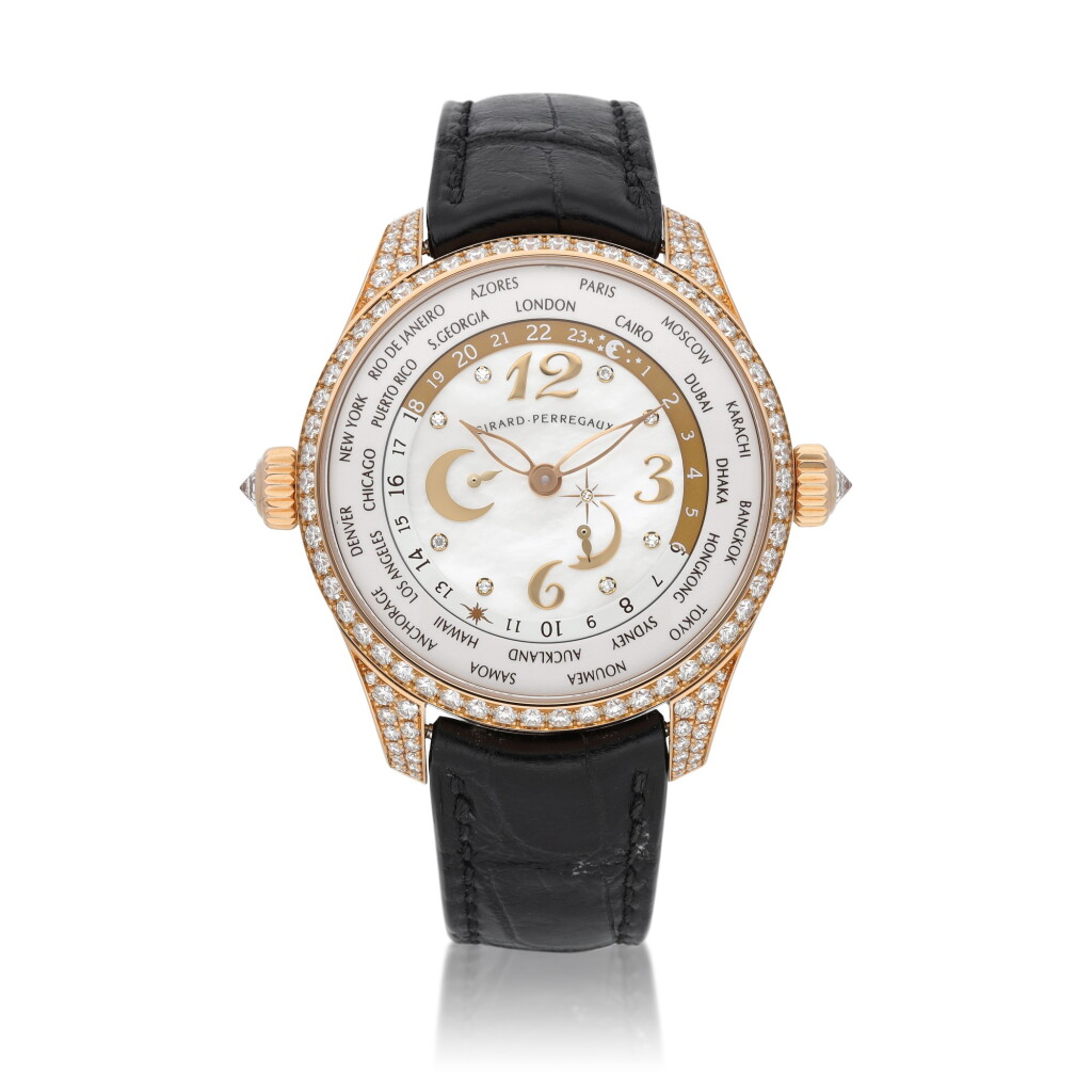 全螢幕檢視 - 查看49WW.TC, Ref. 49860 | A pink gold and diamond-set world time wristwatch with mother-of-pearl dial | Circa 2008的1