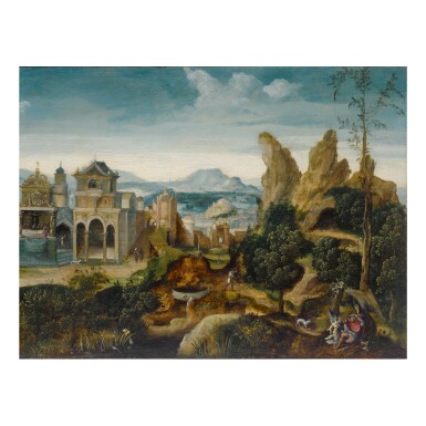 View full screen - View 1 of Lot 21. THE MASTER OF THE FEMALE HALF-LENGTHS | MOUNTAINOUS LANDSCAPE WITH ELIJAH NOURISHED BY AN ANGEL AND A RAVEN.