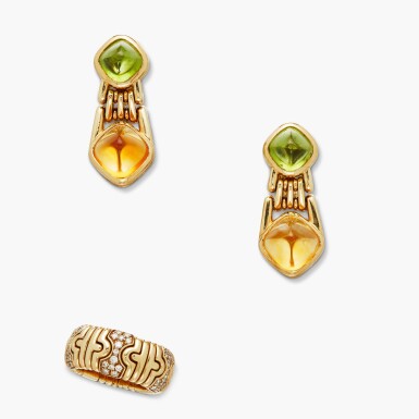 View full screen - View 1 of Lot 491. Pair of Gold, Citrine and Peridot Pendant-Earclips and Gold and Diamond 'Parentesi' Ring.