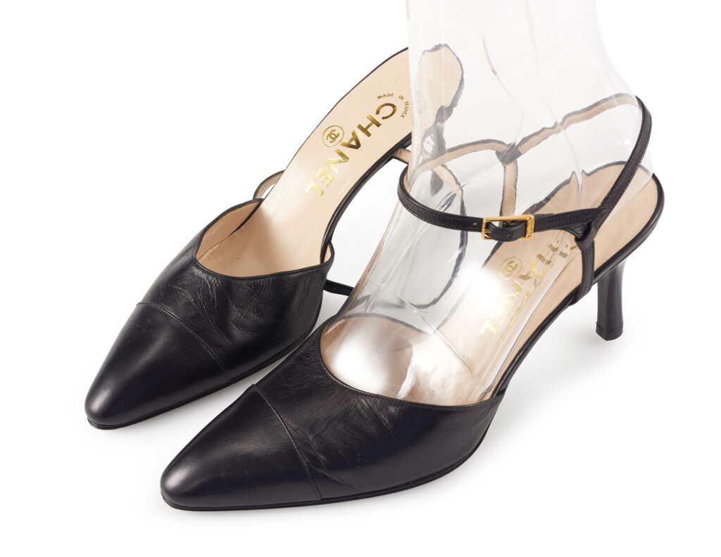 View full screen - View 1 of Lot 66. CHANEL | PAIR OF BLACK LEATHER SANDALS .