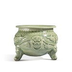 An exceptionally rare carved and molded 'Yaozhou' tripod censer, Northern Song / Jin dynasty