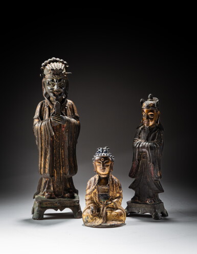 View full screen - View 1 of Lot 348. A group of three copper-alloy Taoist and Buddhist figures, 17th - 18th century.