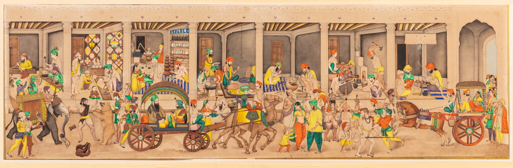 View full screen - View 1 of Lot 220. Maharaja Ranjit Singh in procession, riding on an elephant through a bazaar, by Bishan Singh, North India, Amritsar or Lahore, circa 1860-70.