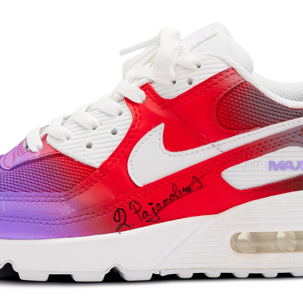 View full screen - View 1 of Lot 85. Darko Rajaković Toronto Raptors 2025-2026 Game Worn and Signed Custom Air Max 90s | To The Max Foundation | Matched to 2 Games.