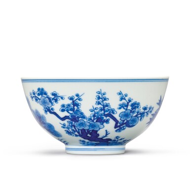 View full screen - View 1 of Lot 101. A FINE BLUE AND WHITE 'THREE FRIENDS' BOWL SEAL MARK AND PERIOD OF DAOGUANG | 清道光 青花歲寒三友盌 《大清道光年製》款.