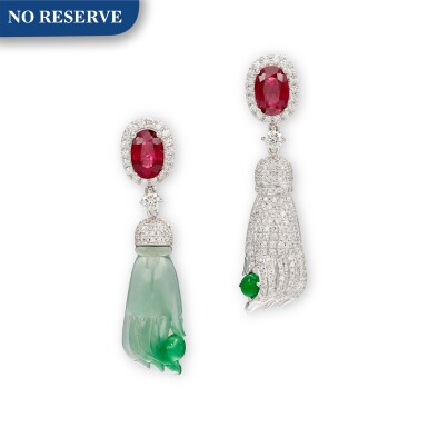 View full screen - View 1 of Lot 1662. PAIR OF JADEITE, RUBY AND DIAMOND PENDENT EARRINGS | 天然翡翠 配 紅寶石 及 鑽石 耳墜一對.