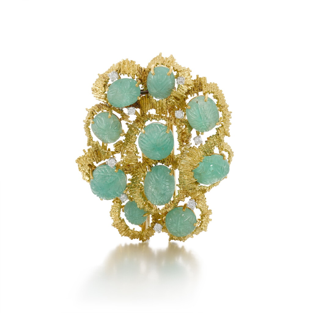 View full screen - View 1 of Lot 26. Emerald and diamond brooch/pendant, 1968.