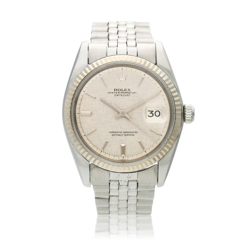 View full screen - View 1 of Lot 203. Rolex Reference 1601 Datejust 'Linen Dial', A stainless steel wristwatch with date and bracelet, Circa 1972.