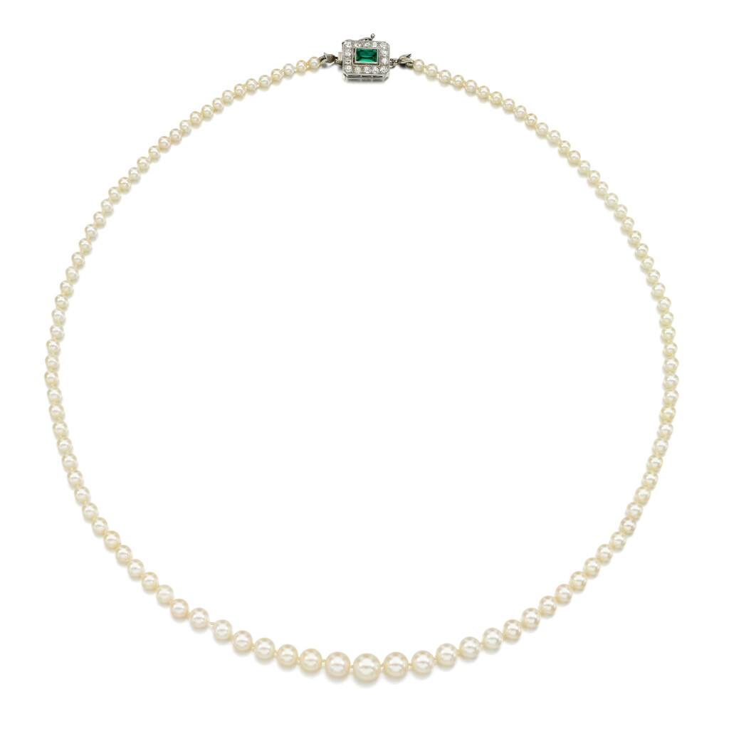 View full screen - View 1 of Lot 9. Natural pearl, emerald and diamond necklace.