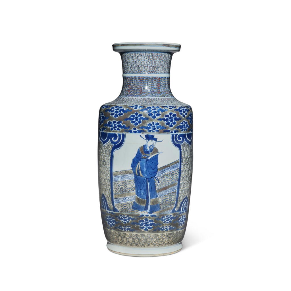 View full screen - View 1 of Lot 941. An underglaze-blue and copper-red 'figural' vase, Qing dynasty, 19th century | 清十九世紀 青花釉里紅開光人物圖棒槌瓶.